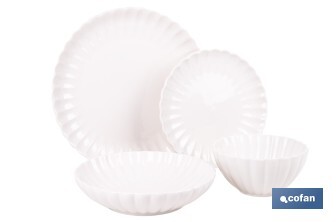 Vajilla de porcelana esmaltada de color blanco con diseño en relieve | Set de 16 piezas | Apta para lavavajillas, microondas y horno - Cofan