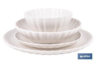 Vajilla de porcelana esmaltada de color blanco con diseño en relieve | Set de 16 piezas | Apta para lavavajillas, microondas y horno - Cofan