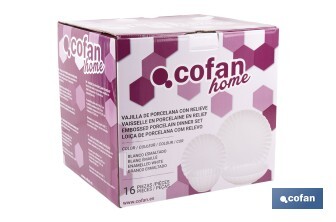 Vajilla de porcelana esmaltada de color blanco con diseño en relieve | Set de 16 piezas | Apta para lavavajillas, microondas y horno - Cofan