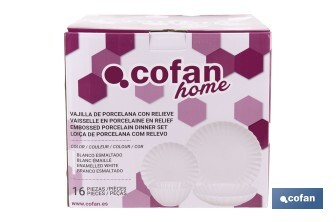 Vajilla de porcelana esmaltada de color blanco con diseño en relieve | Set de 16 piezas | Apta para lavavajillas, microondas y horno - Cofan