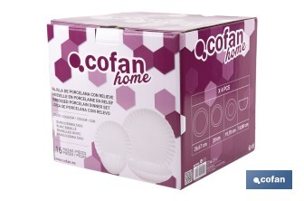 Vajilla de porcelana esmaltada de color blanco con diseño en relieve | Set de 16 piezas | Apta para lavavajillas, microondas y horno - Cofan