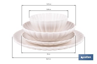 Vajilla de porcelana esmaltada de color blanco con diseño en relieve | Set de 16 piezas | Apta para lavavajillas, microondas y horno - Cofan