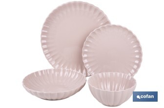 Vajilla de porcelana esmaltada en color rosa nude con diseño en relieve | Set de 16 piezas | Apta para lavavajillas, microondas y horno - Cofan
