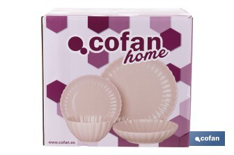 Vajilla de porcelana esmaltada en color rosa nude con diseño en relieve | Set de 16 piezas | Apta para lavavajillas, microondas y horno - Cofan