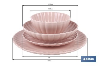 Vajilla de porcelana esmaltada en color rosa nude con diseño en relieve | Set de 16 piezas | Apta para lavavajillas, microondas y horno - Cofan