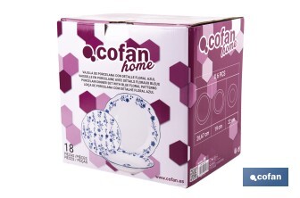 Vajilla de porcelana con flores azules | Set de 18 piezas | Adecuado para 6 personas | Apta para lavavajillas, microondas y horno - Cofan