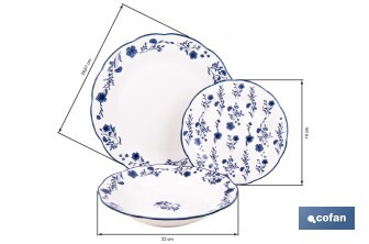 Vajilla de porcelana con flores azules | Set de 18 piezas | Adecuado para 6 personas | Apta para lavavajillas, microondas y horno - Cofan