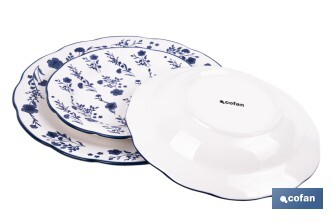 Vajilla de porcelana con flores azules | Set de 18 piezas | Adecuado para 6 personas | Apta para lavavajillas, microondas y horno - Cofan