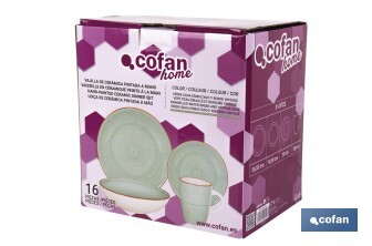 Vajilla de cerámica verde agua pintada a mano | Set de 16 piezas | Apta para lavavajillas, microondas y horno - Cofan