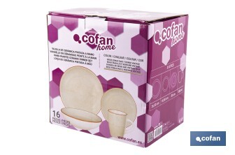 Vajilla de cerámica color beige pintada a mano | Set de 16 piezas | Apta para lavavajillas, microondas y horno - Cofan
