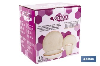 Vajilla de cerámica color beige pintada a mano | Set de 16 piezas | Apta para lavavajillas, microondas y horno - Cofan