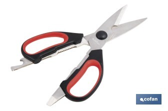 Tijeras de cocina multiusos con mango antideslizante | Hojas de acero inoxidable | Longitud: 21,5 cm | Perfectas para cortar, partir nueces y abrir botellas - Cofan
