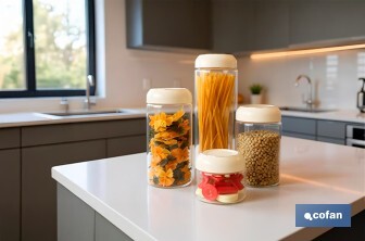 Bote de cocina de vidrio borosilicato | Tapa beige | Cierre a presión | Capacidad: 1,7 l | Almacenaje de alimentos | Medidas: Ø10 x 30 cm - Cofan