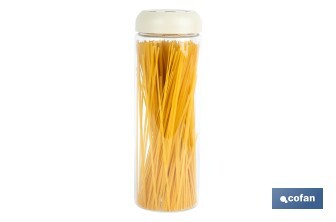 Bote de cocina de vidrio borosilicato | Tapa beige | Cierre a presión | Capacidad: 1,7 l | Almacenaje de alimentos | Medidas: Ø10 x 30 cm - Cofan
