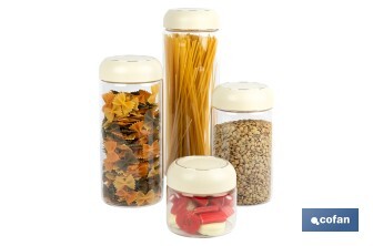 Bote de cocina de vidrio borosilicato | Tapa beige | Cierre a presión | Capacidad: 1,7 l | Almacenaje de alimentos | Medidas: Ø10 x 30 cm - Cofan