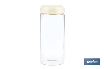 Bote de cocina de vidrio borosilicato | Tapa beige | Cierre a presión | Capacidad: 1,3 litros | Almacenaje de alimentos | Medidas: Ø10 x 23 cm - Cofan