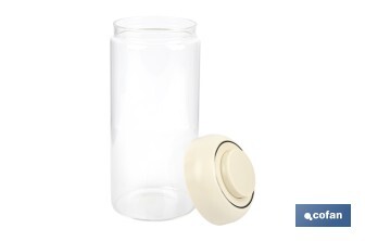 Bote de cocina de vidrio borosilicato | Tapa beige | Cierre a presión | Capacidad: 1,3 litros | Almacenaje de alimentos | Medidas: Ø10 x 23 cm - Cofan