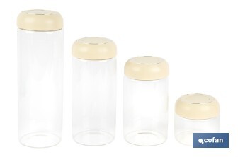 Bote de cocina de vidrio borosilicato | Tapa beige | Cierre a presión | Capacidad: 1,3 litros | Almacenaje de alimentos | Medidas: Ø10 x 23 cm - Cofan