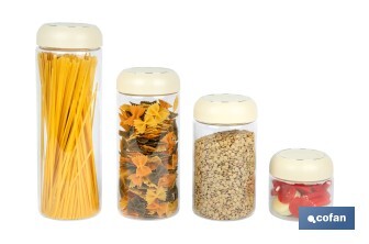 Bote de cocina de vidrio borosilicato | Tapa beige | Cierre a presión | Capacidad: 1,3 litros | Almacenaje de alimentos | Medidas: Ø10 x 23 cm - Cofan