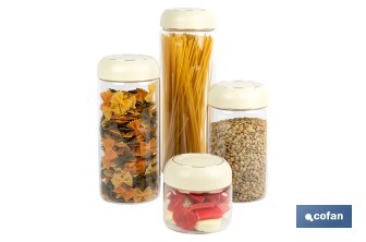 Bote de cocina de vidrio borosilicato | Tapa beige | Cierre a presión | Capacidad: 1,3 litros | Almacenaje de alimentos | Medidas: Ø10 x 23 cm - Cofan