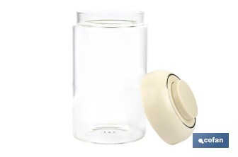 Bote de cocina de vidrio borosilicato | Tapa beige | Cierre a presión | Capacidad: 1 litro | Almacenaje de alimentos | Medidas: Ø10 x 18,6 cm - Cofan
