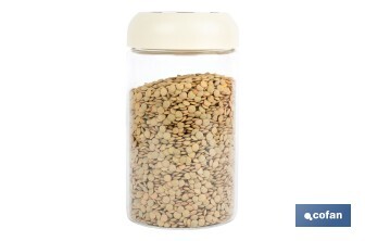 Bote de cocina de vidrio borosilicato | Tapa beige | Cierre a presión | Capacidad: 1 litro | Almacenaje de alimentos | Medidas: Ø10 x 18,6 cm - Cofan