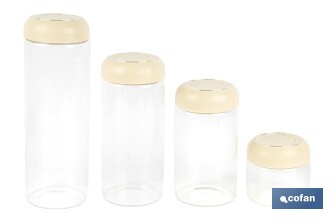 Bote de cocina de vidrio borosilicato | Tapa beige | Cierre a presión | Capacidad: 1 litro | Almacenaje de alimentos | Medidas: Ø10 x 18,6 cm - Cofan