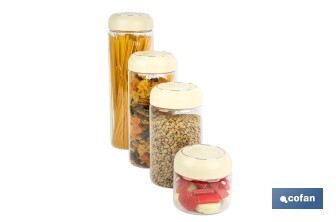 Bote de cocina de vidrio borosilicato | Tapa beige | Cierre a presión | Capacidad: 1 litro | Almacenaje de alimentos | Medidas: Ø10 x 18,6 cm - Cofan