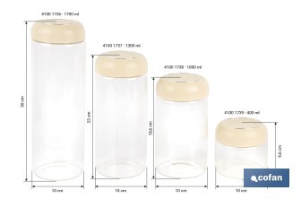 Bote de cocina de vidrio borosilicato | Tapa beige | Cierre a presión | Capacidad: 1,7 l | Almacenaje de alimentos | Medidas: Ø10 x 30 cm - Cofan