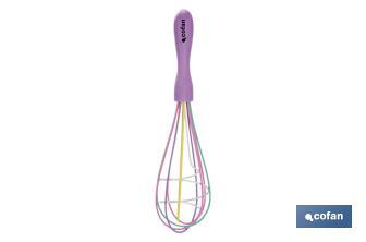 Polypropylene manual whisk | Vergini Model | Purple handle and multicoloured balloon whisk | 25cm in length - Cofan