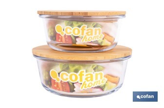 Set de 2 Boîtes à Lunch Rondes en Borosilicate | Modèle Bambú | Couvercle en Bambou | Contenance 620-950 ml - Cofan