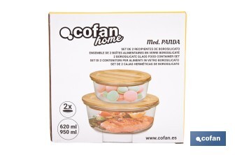 Set de 2 Boîtes à Lunch Rondes en Borosilicate | Modèle Bambú | Couvercle en Bambou | Contenance 620-950 ml - Cofan