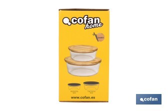 Set de 2 Boîtes à Lunch Rondes en Borosilicate | Modèle Bambú | Couvercle en Bambou | Contenance 620-950 ml - Cofan