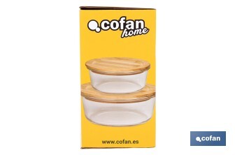 Set de 2 Boîtes à Lunch Rondes en Borosilicate | Modèle Bambú | Couvercle en Bambou | Contenance 620-950 ml - Cofan