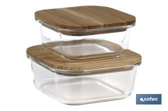 Set of 2 square borosilicate glass food containers | Bambú Model | Bamboo lid | 520-800ml Capacity - Cofan