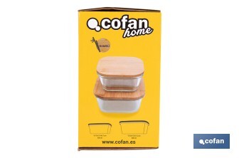 Set de 2 Boîtes à Lunch Carrées en Borosilicate | Modèle Bambú | Couvercle en Bambou | Contenance 520-800 ml - Cofan