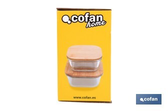 Set de 2 Boîtes à Lunch Carrées en Borosilicate | Modèle Bambú | Couvercle en Bambou | Contenance 520-800 ml - Cofan
