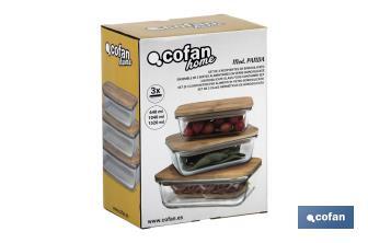 Set de 3 Boîtes à Lunch Rectangulaires en Borosilicate | Modèle Bambú | Couvercle en Bambou | Contenance 640-1040-1520 ml - Cofan