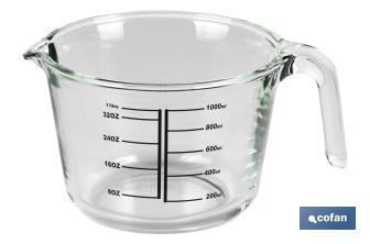 Borosilicate glass measuring cup | Baritina Model | 1l Capacity | Suitable for microwave, oven & freezer - Cofan