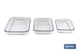 Set da 3 teglie rettangolari di vetro borosilicato Modello Baritina | Capacità: 1600 ml - 2200 ml - 3000 ml - Cofan