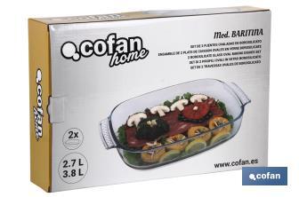 Set de 2 Plats Ovales Modèle Baritina | Fabriqués en Verre Borosilicate | Capacité : 2700 ml - 3800 ml - Cofan