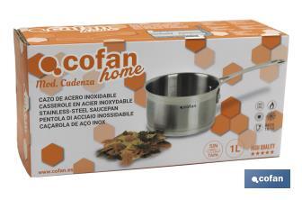 Casserole en acier inoxydable | Capacité de 1 litre | Couvercle non inclus | Modèle Cadenza - Cofan