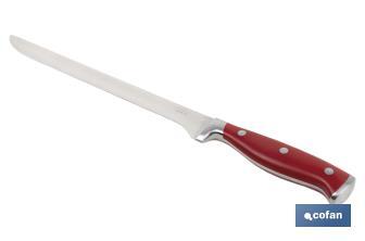 Couteau à Jambon et à Saumon avec Forgeage Français | En Couleur Rouge | Dimension de la lame de 25 cm - Cofan