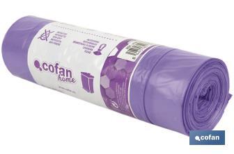 Sacs poubelle parfumés refermables de couleur violette | Dimensions : 57 x 57 cm et jauge de 90 - Cofan