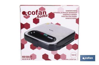 Appareil à croque-monsieur | Revêtement antiadhésif | Compartiments pour 2 sandwichs | Puissance : 750 W | Dimensions : 23,7 x 23,3 x 9 cm - Cofan