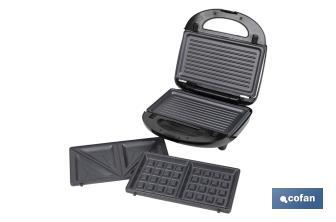 Sandwichera multiusos | Placas intercambiables para grill, gofres y sándwiches | Revestimiento antiadherente | Potencia: 750 W - Cofan