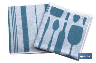 Pack de 2 paños de cocina | Medidas: 50 x 50 cm | Color azul con estampado - Cofan