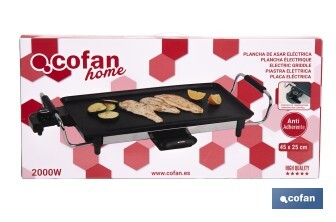 Plaque à Griller Électrique Modèle Baikal | Plaque en Aluminium Antiadhésif | Puissance de 2000 W | Dimensions : 45 x 25 x 7 cm - Cofan