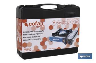 Hornillo de gas | Cocina portátil de 1 fogón | Potencia: 2200 W | Compatible con cartuchos de gas | Medidas: 34 x 28 x 11,5 cm - Cofan