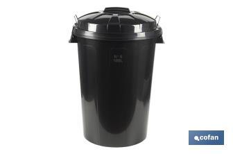 Poubelle avec couvercle et poignées métalliques | Capacité : 100 litres | Matériau : polypropylène | Couleur : noir - Cofan